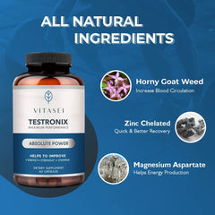 Close-up of VITASEI Testronix bottle with 60 capsules visible