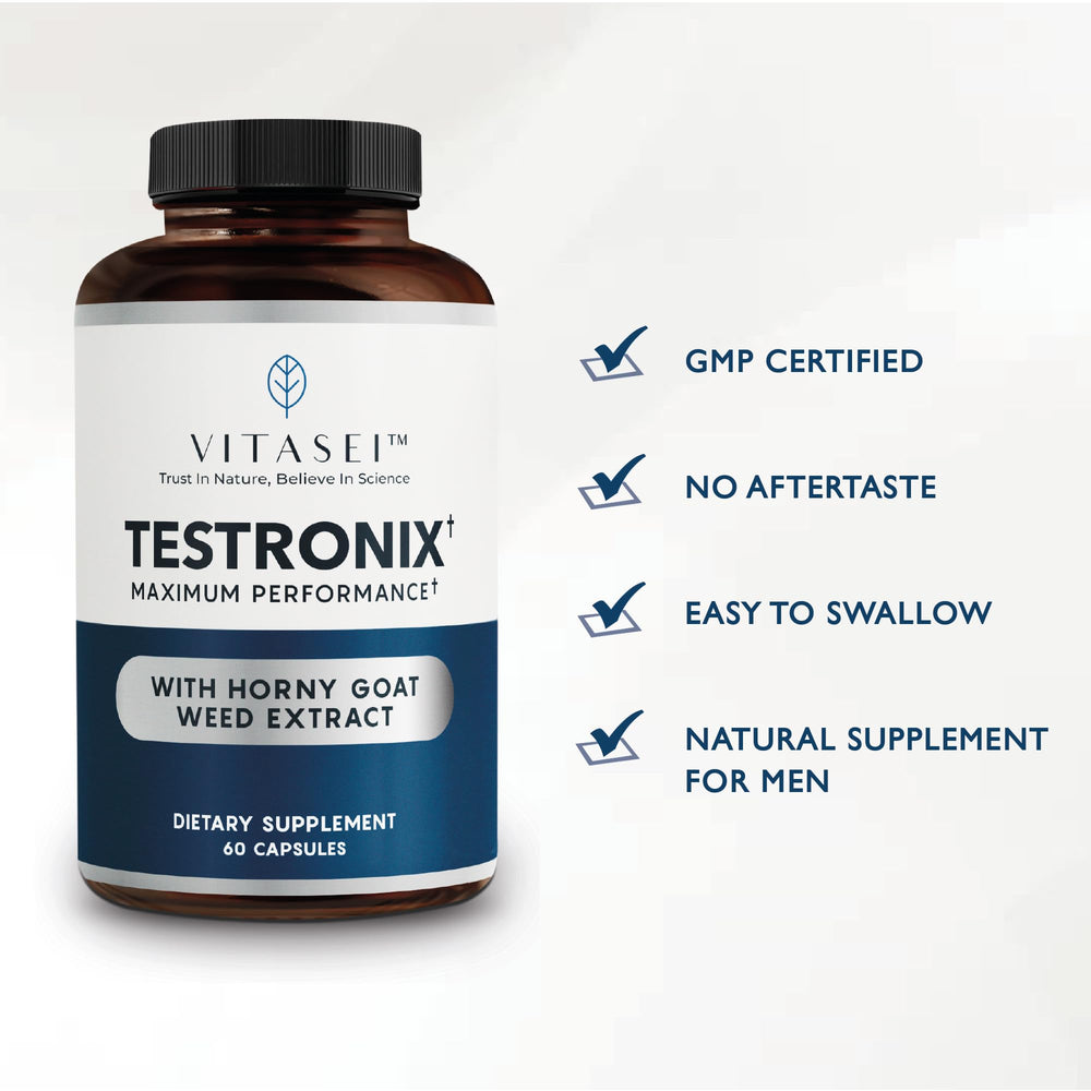 VITASEI Testronix lifestyle-shot shows capsules in a morning routine.