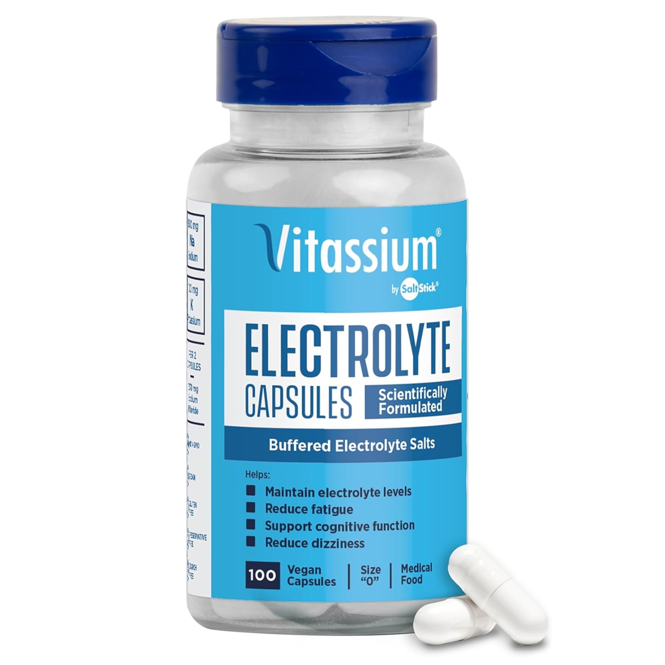 Bottle of Vitassium Electrolyte Capsules with unflavored capsules visible