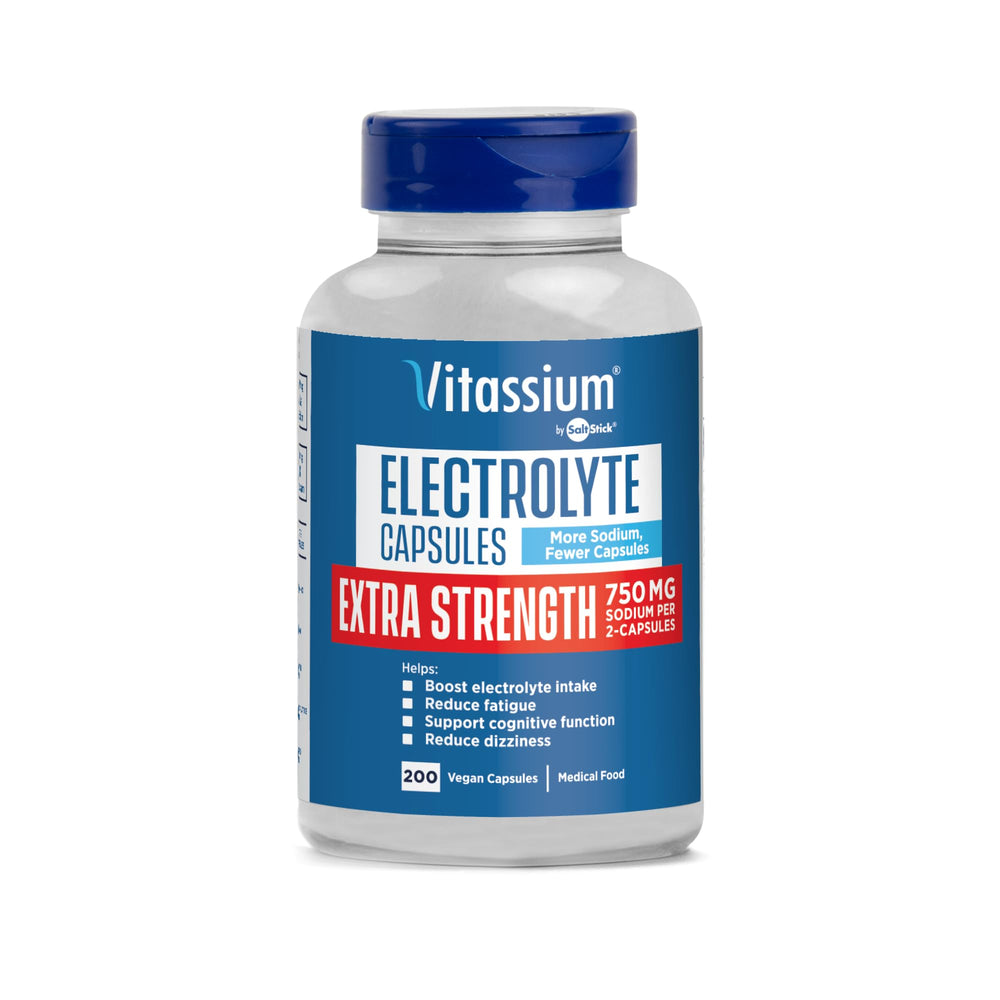 Vitassium electrolyte capsules bottle with label showing 750mg sodium per capsule