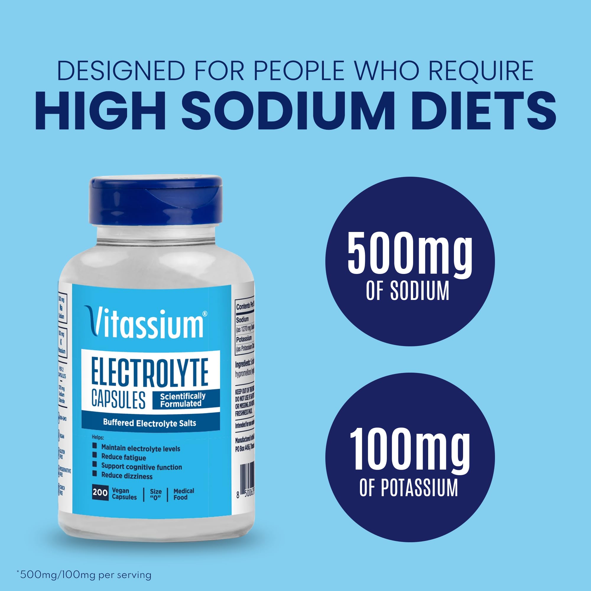 Close-up of Vitassium capsule with nutrition info showing 500 mg sodium and 100 mg potassium per serving.
