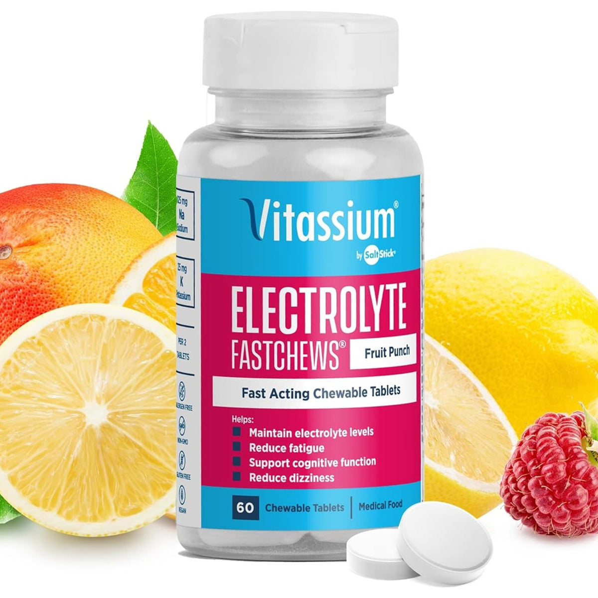 Vitassium FastChews Fruit Punch electrolyte bottle front view