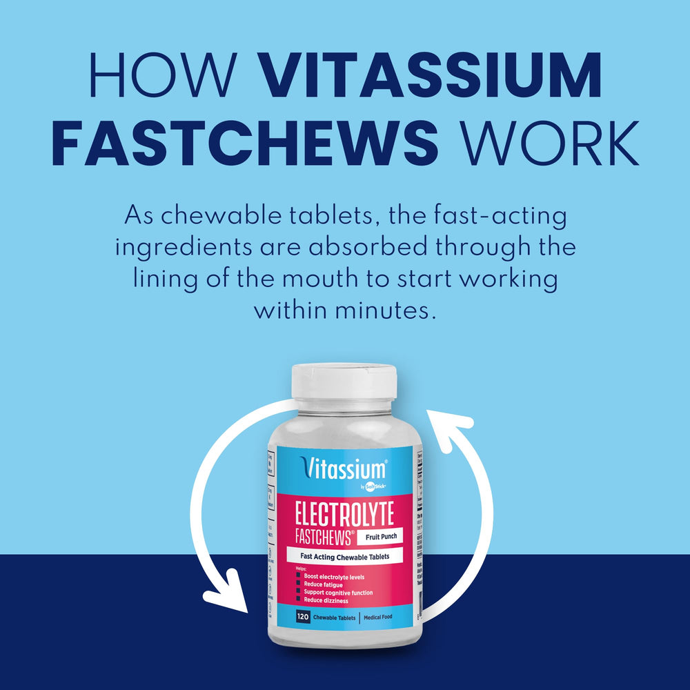 Close-up of Vitassium FastChews showing 125 mg sodium and 25 mg potassium per serving