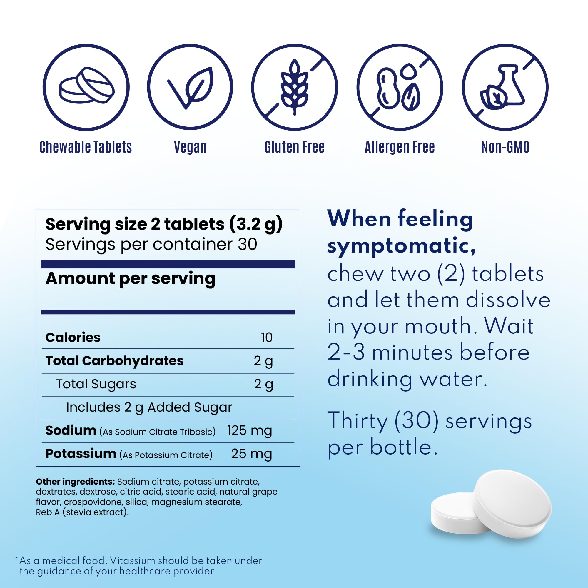 Gluten-free vegan Non-GMO allergen-free label on Vitassium FastChews bottle