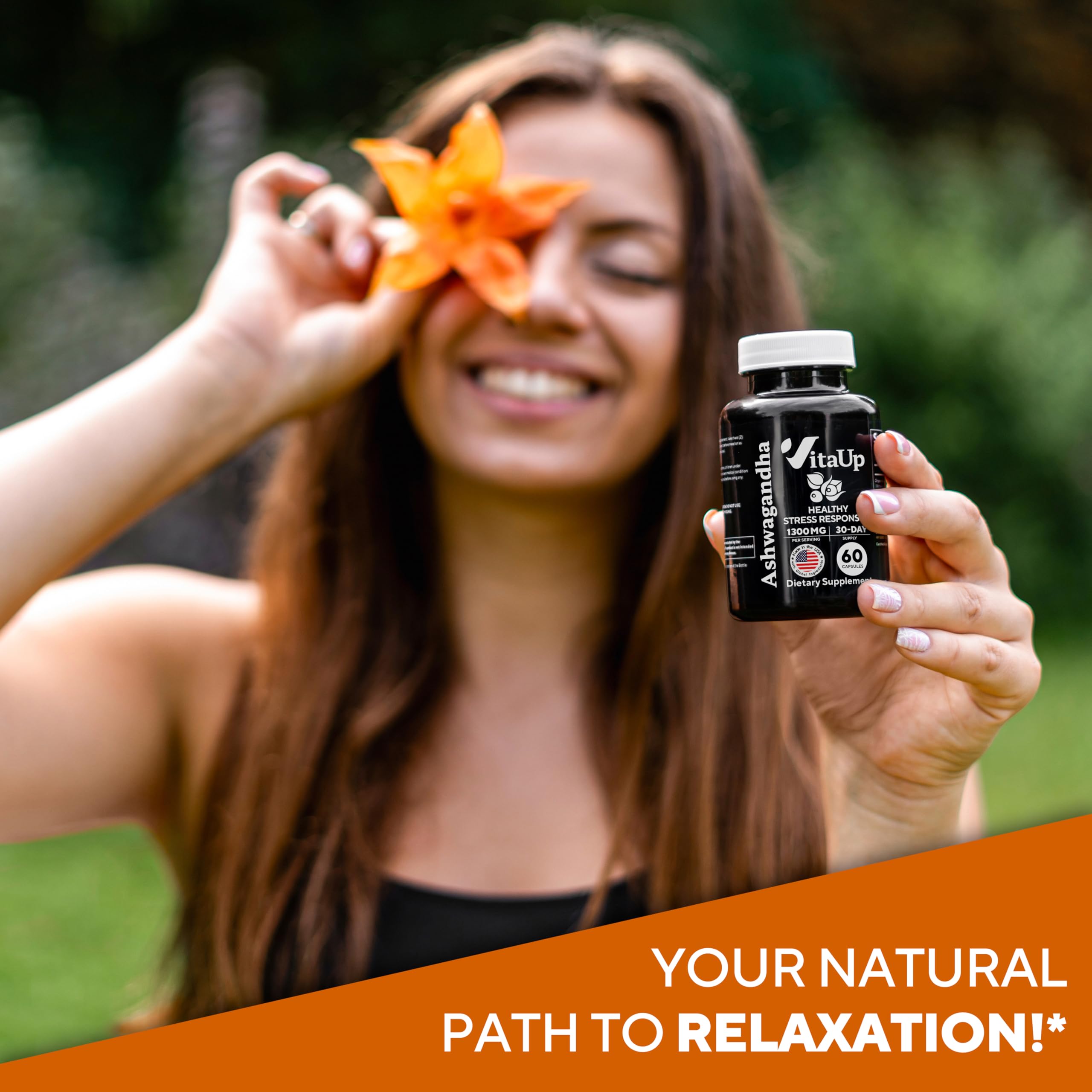 Front view of VitaUp Ashwagandha bottle and label