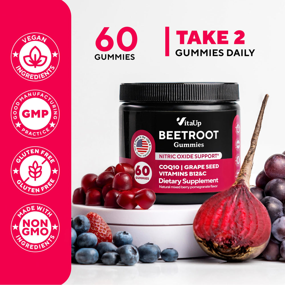 Delicious mixed berry and pomegranate flavor of VitaUp Beet Root Gummies