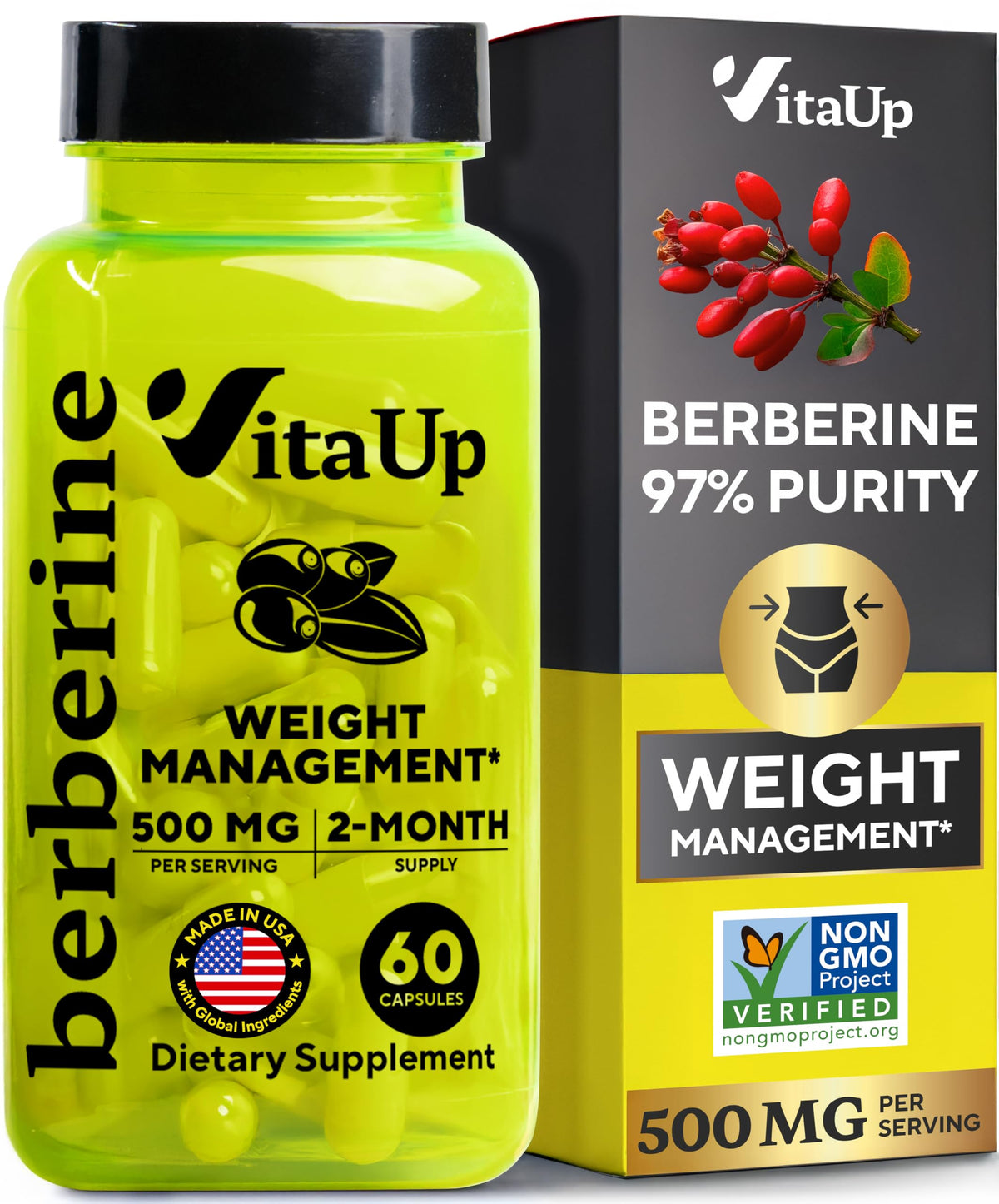 VitaUp Berberine 500mg bottle front shows purity for daily wellness