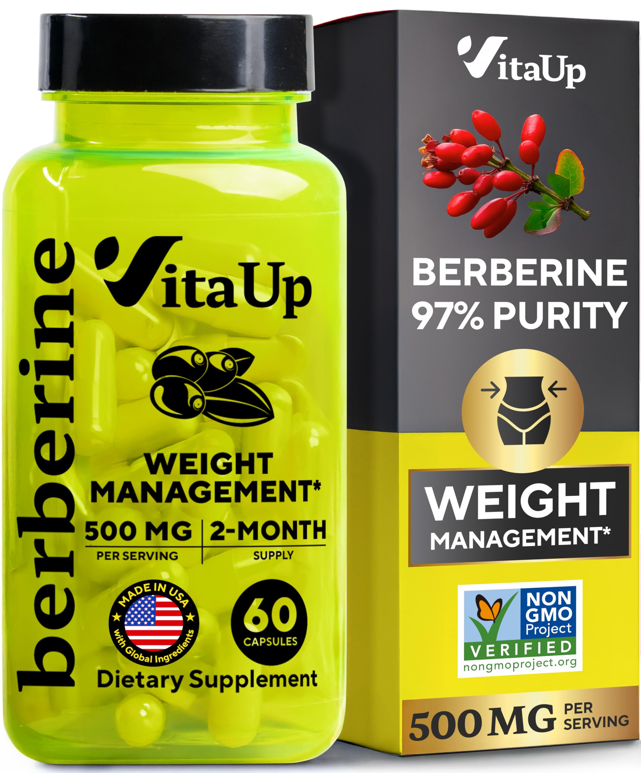 VitaUp Berberine 500mg bottle front shows purity for daily wellness