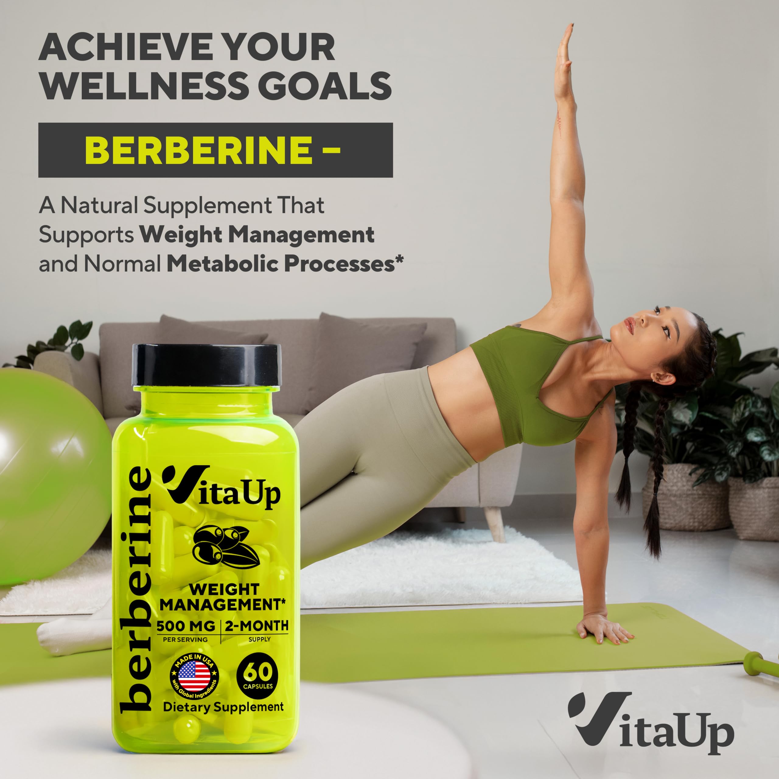 Closeup of VitaUp Berberine 500mg capsules highlighting dose for energy support