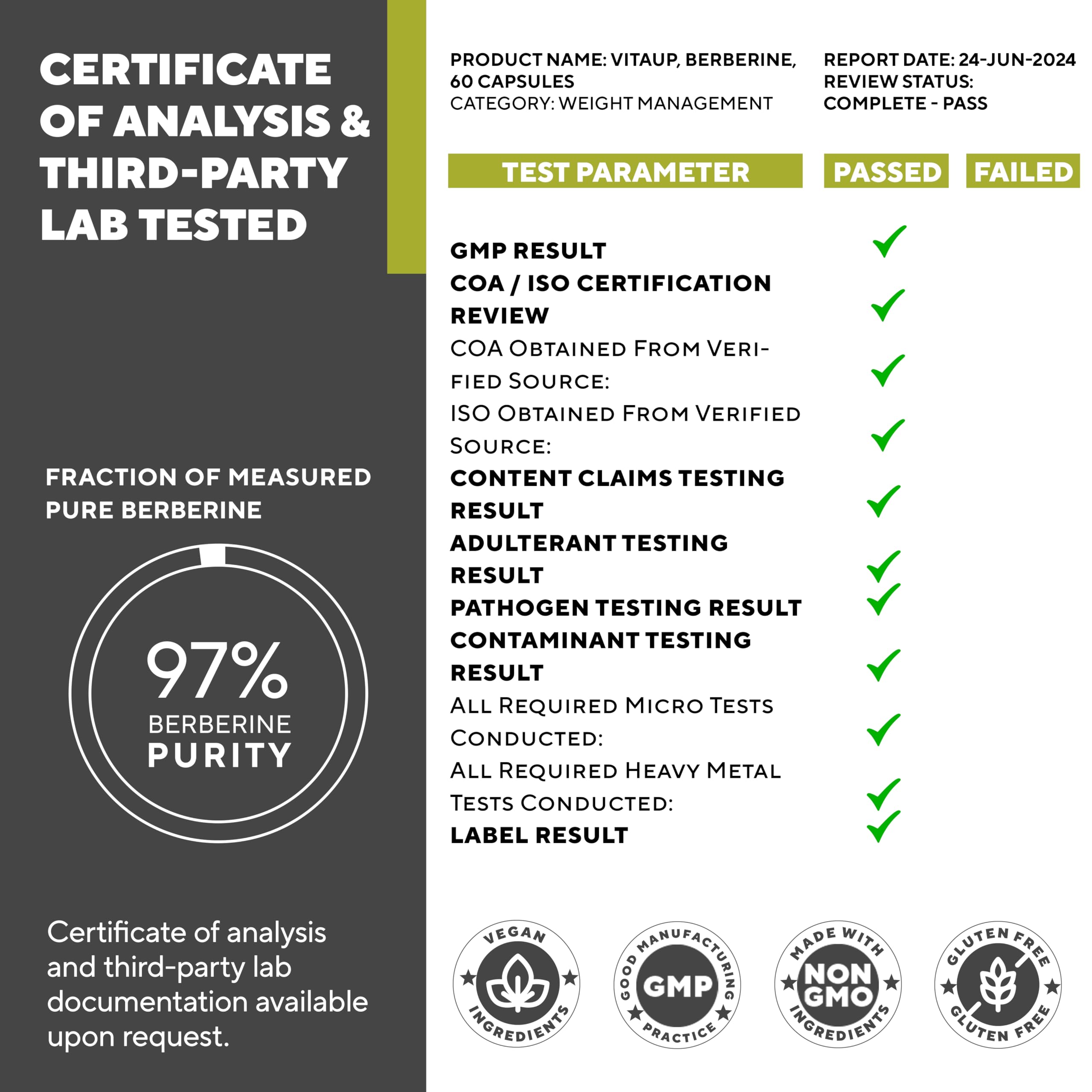 Packaging box of VitaUp Berberine 500mg reveals non-GMO and gluten-free standards