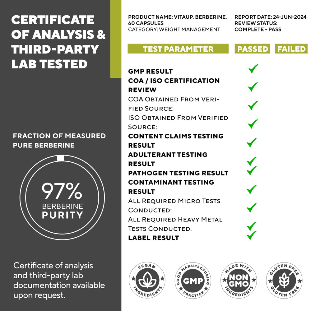 Packaging box of VitaUp Berberine 500mg reveals non-GMO and gluten-free standards