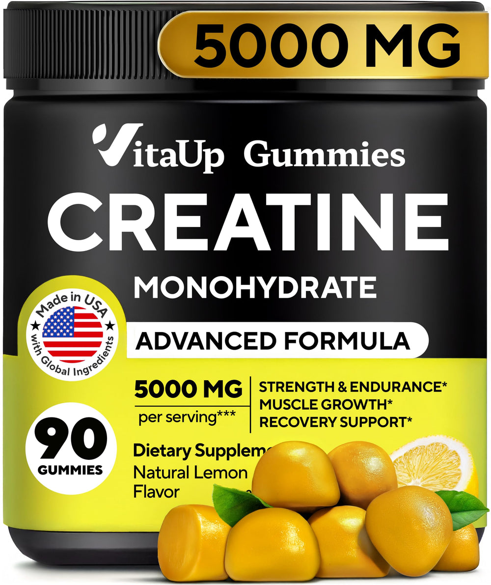 Front view of VitaUp Creatine Monohydrate Gummies bottle with lemon flavor label