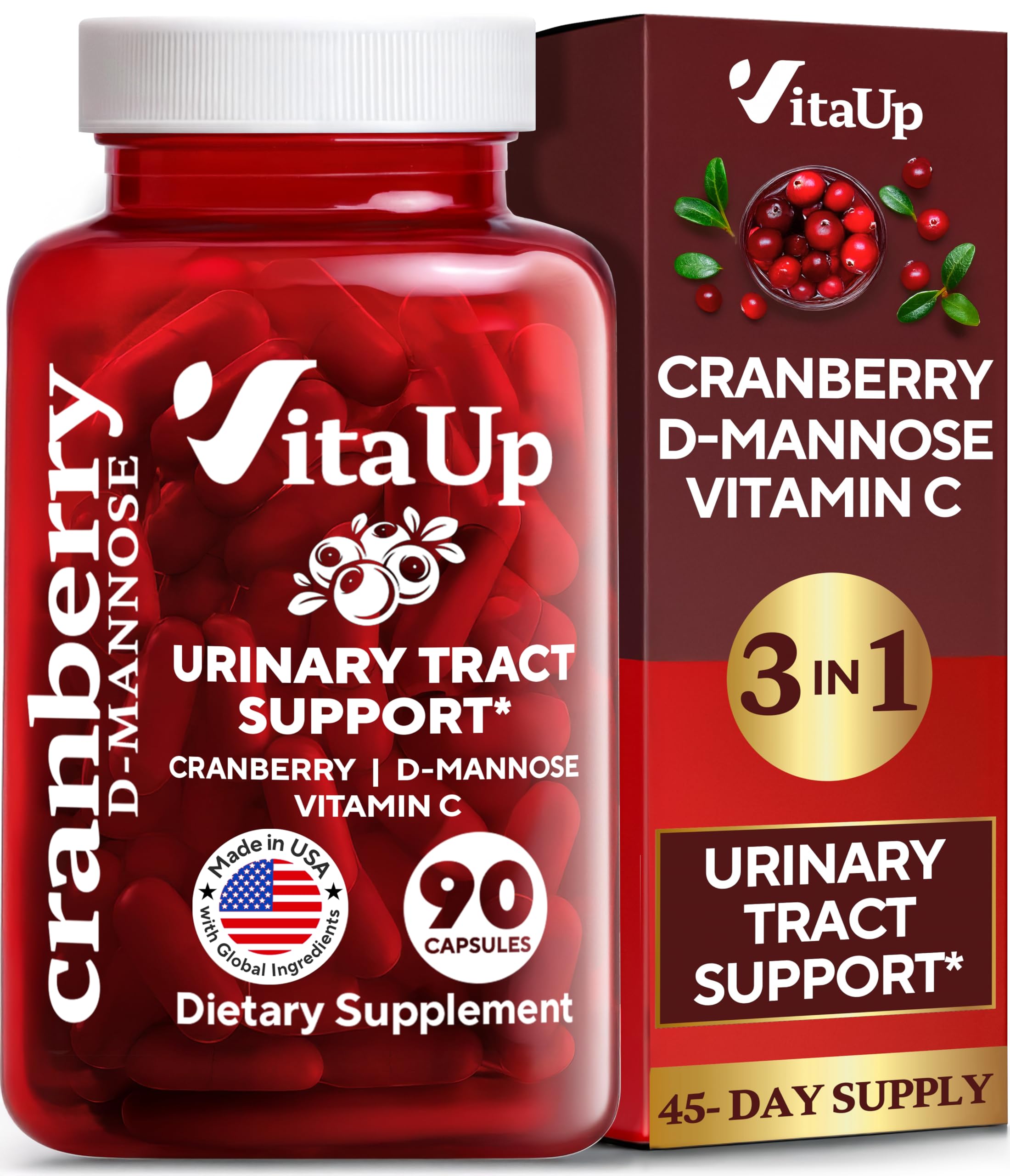 VitaUp D-Mannose Cranberry Vitamin C capsules bottle front, USA made, 90 count