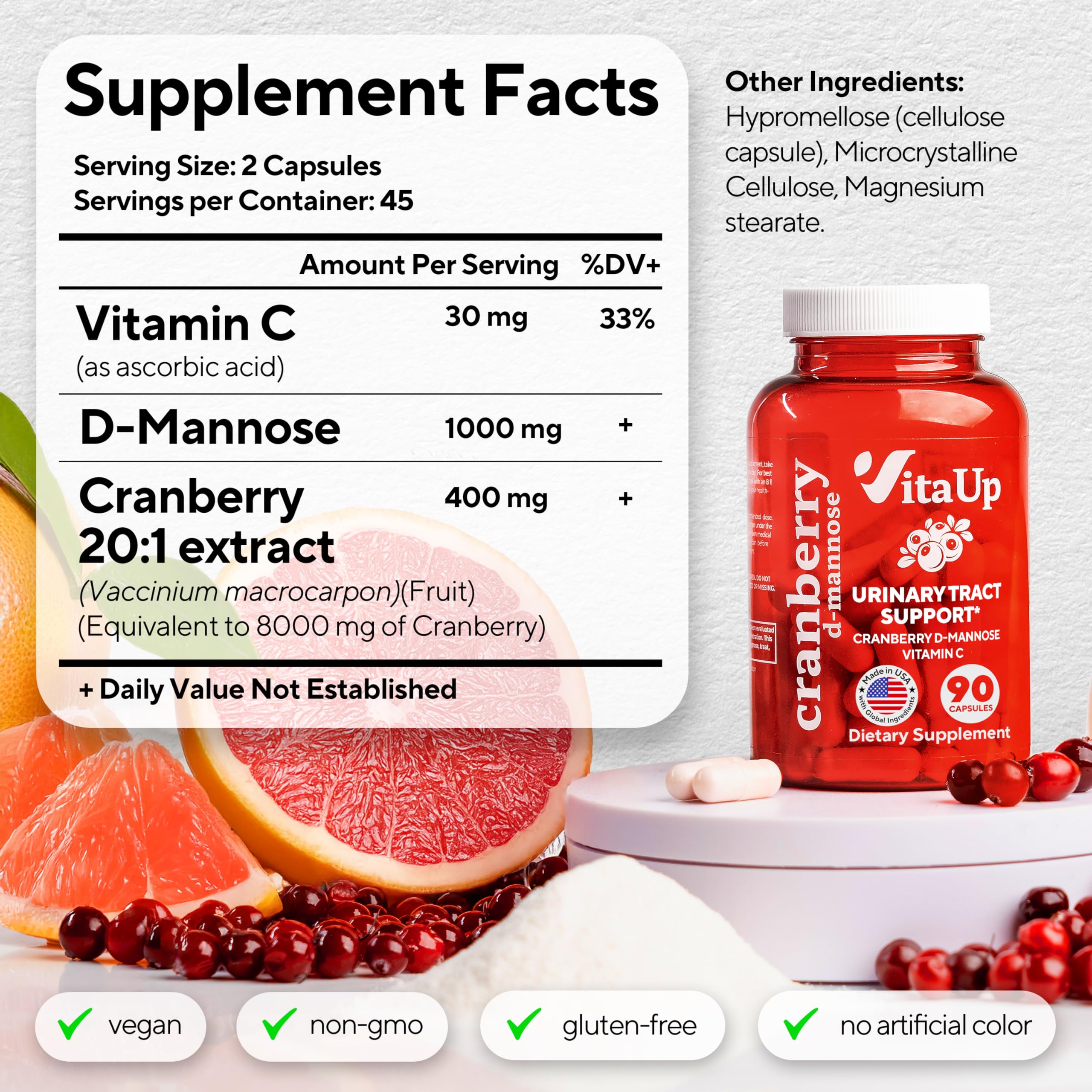 Close-up of VitaUp D-Mannose capsules with cranberry and Vitamin C