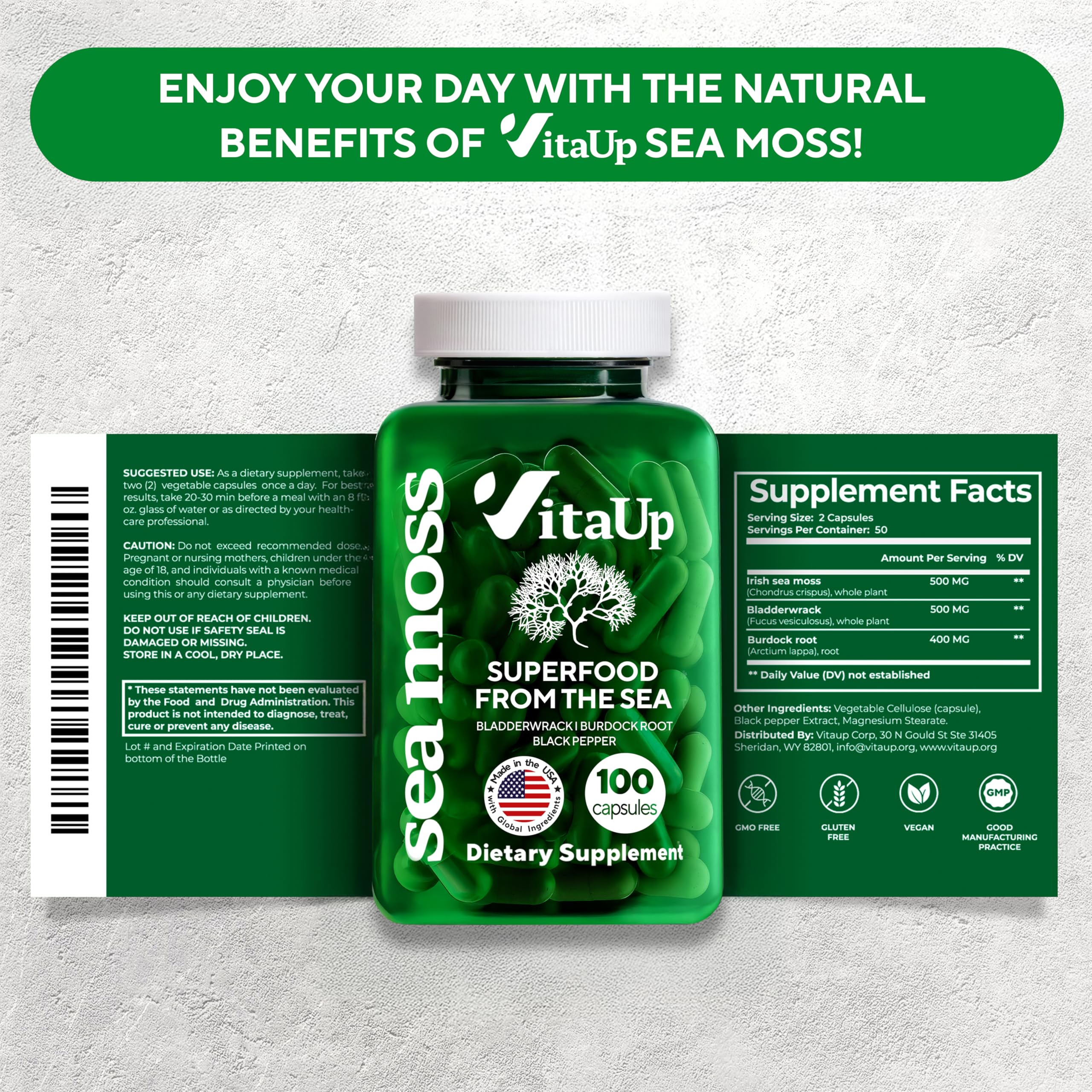 GMP-certified, third-party tested VitaUp sea moss capsules