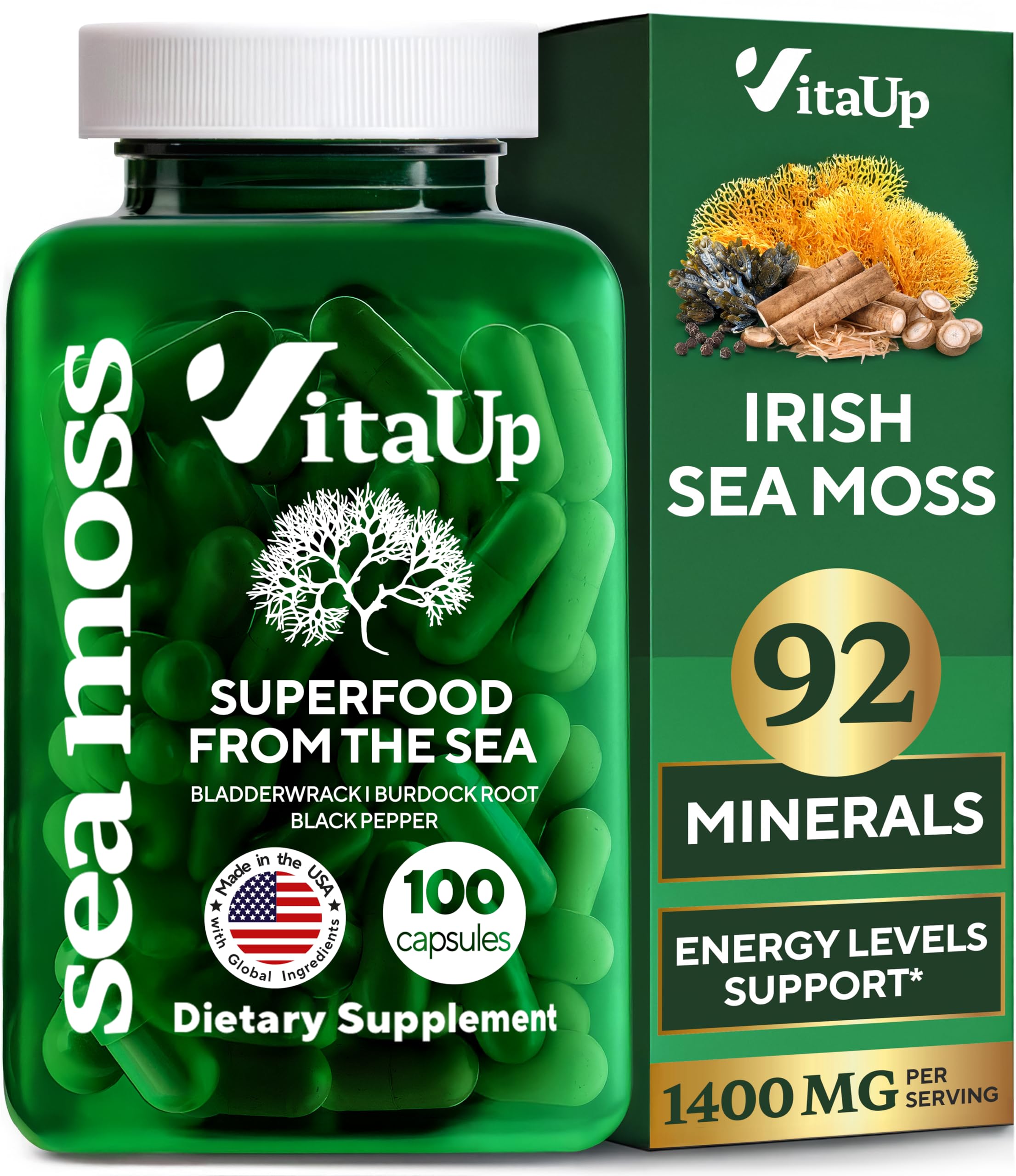 Bottle of VitaUp Irish Sea Moss Capsules with Burdock Root and Bladderwrack