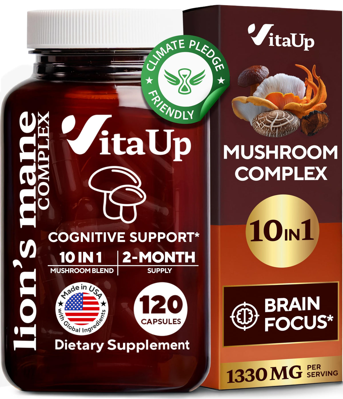 VitaUp Lions Mane 10-in-1 mushroom supplement bottle