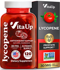 Bottle of VitaUp Lycopene supplements with tomato imagery