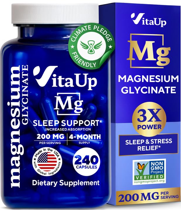 VitaUp Magnesium Glycinate 200mg bottle with label — USA Made, 240 vegan capsules