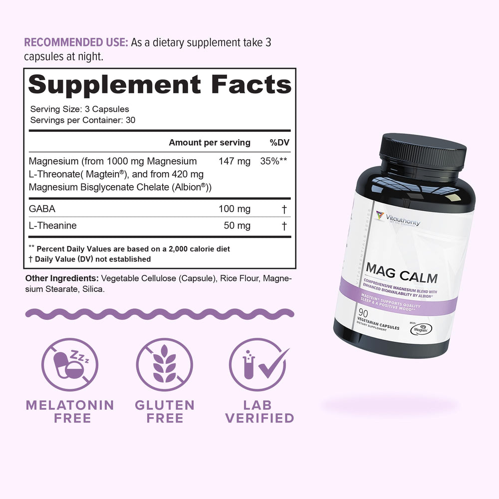 Close-up of Mag Calm ingredients: Magnesium, GABA, and L-Theanine