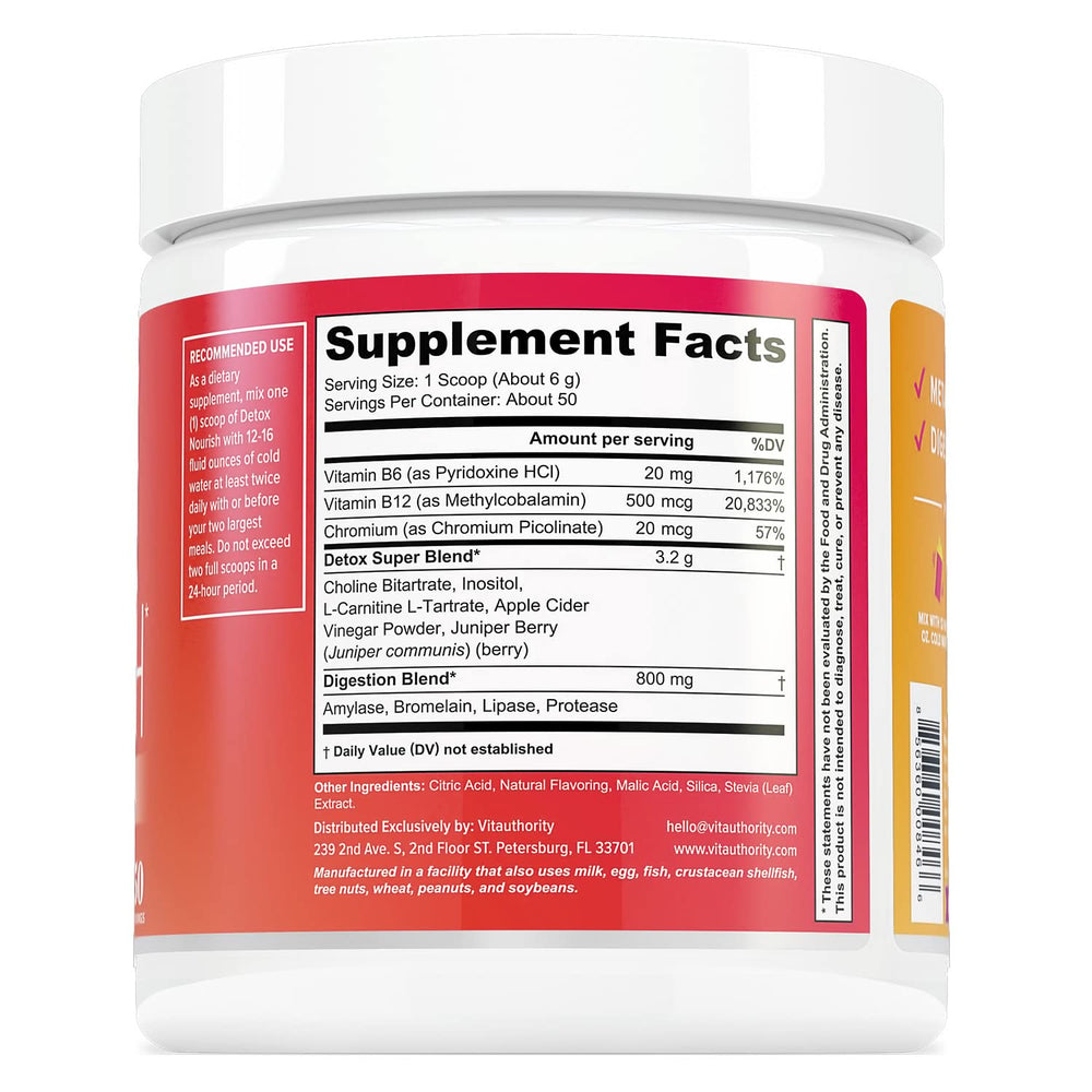 Close-up of Vitauthority bottle label highlighting ACV and enzymes for digestion.