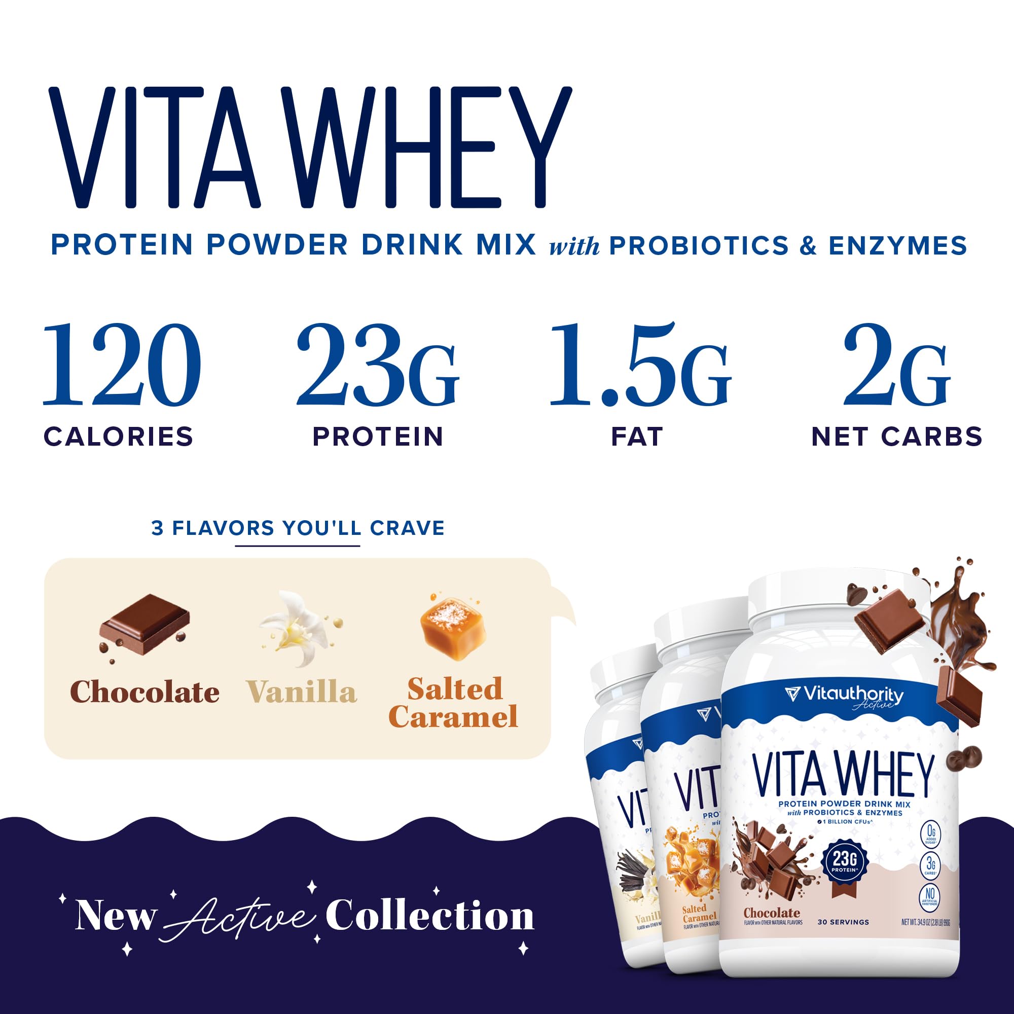 Vitauthority Whey Protein probiotics enzymes closeup suggests improved digestion and absorption.