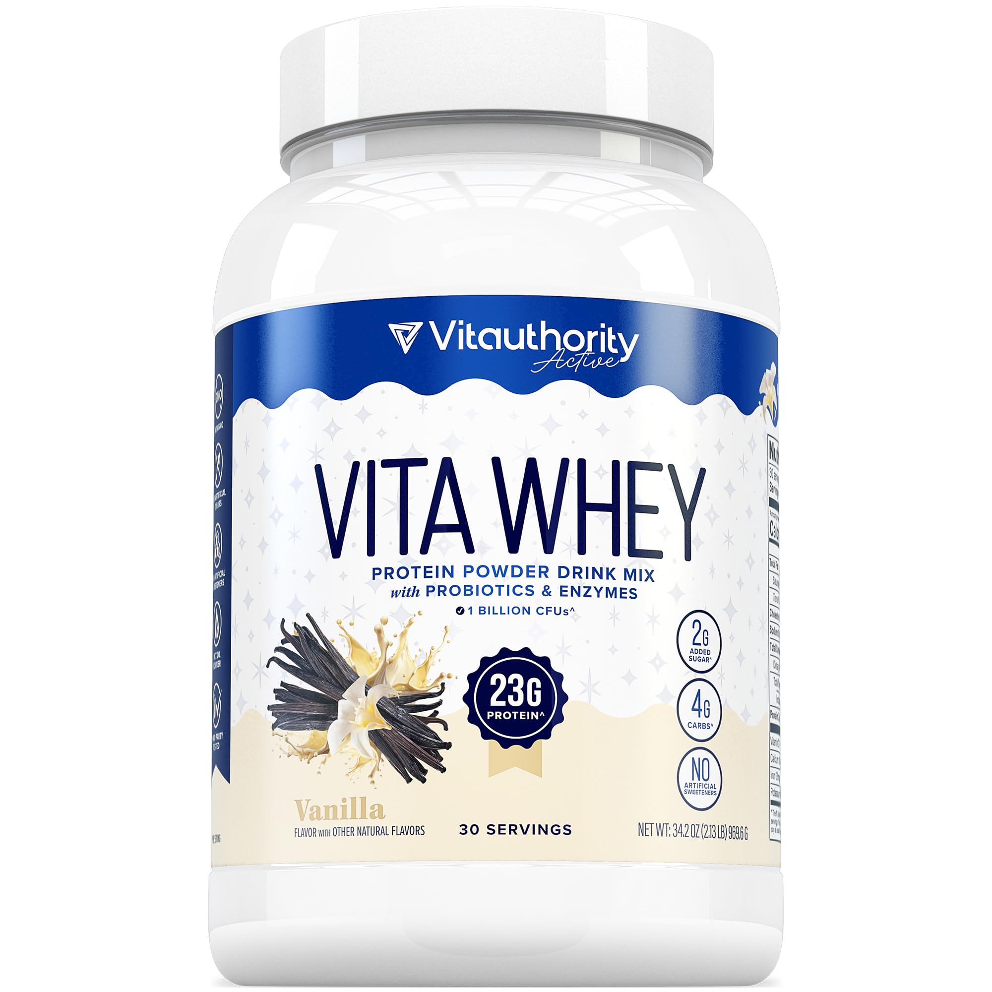 Vitauthority Whey Protein vanilla bottle display highlights convenient daily protein support.