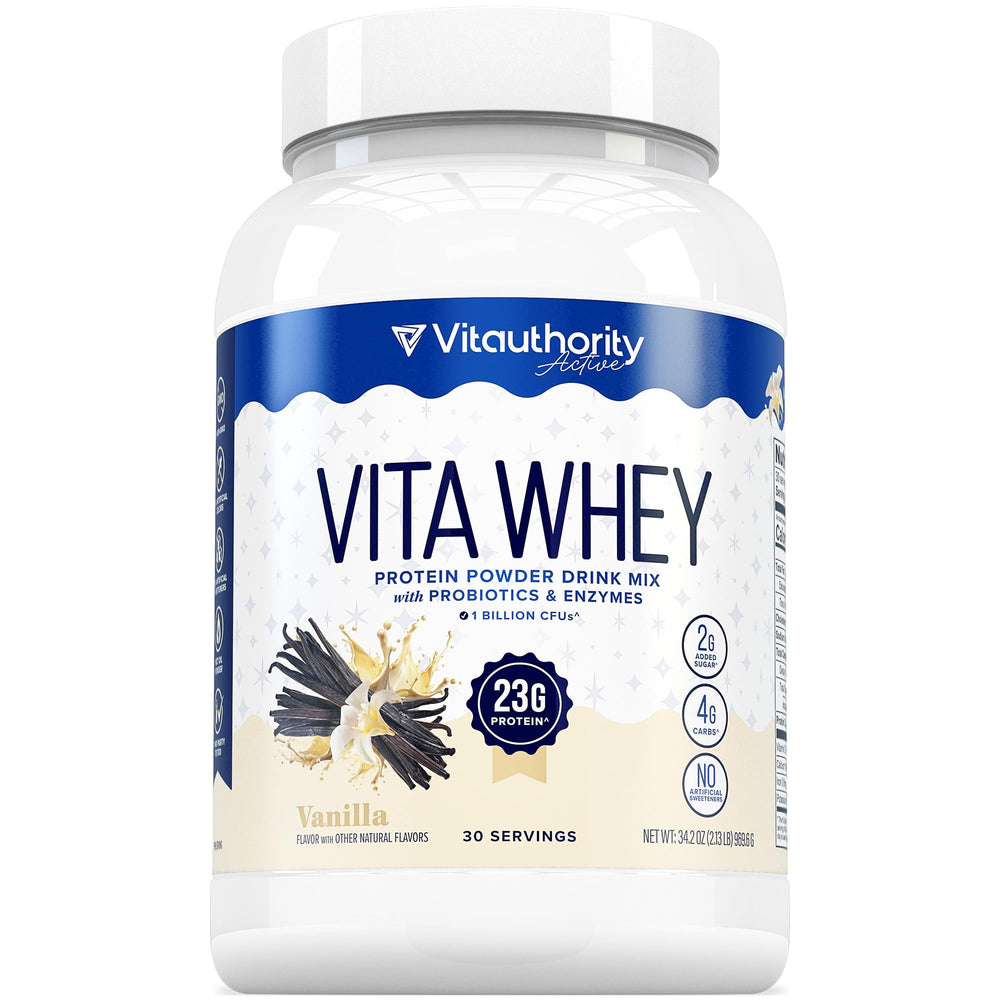 Vitauthority Whey Protein vanilla bottle display highlights convenient daily protein support.