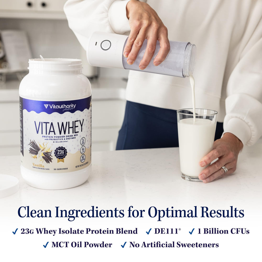 Vitauthority Whey Protein vanilla shaker mix shows quick post-workout recovery and taste.