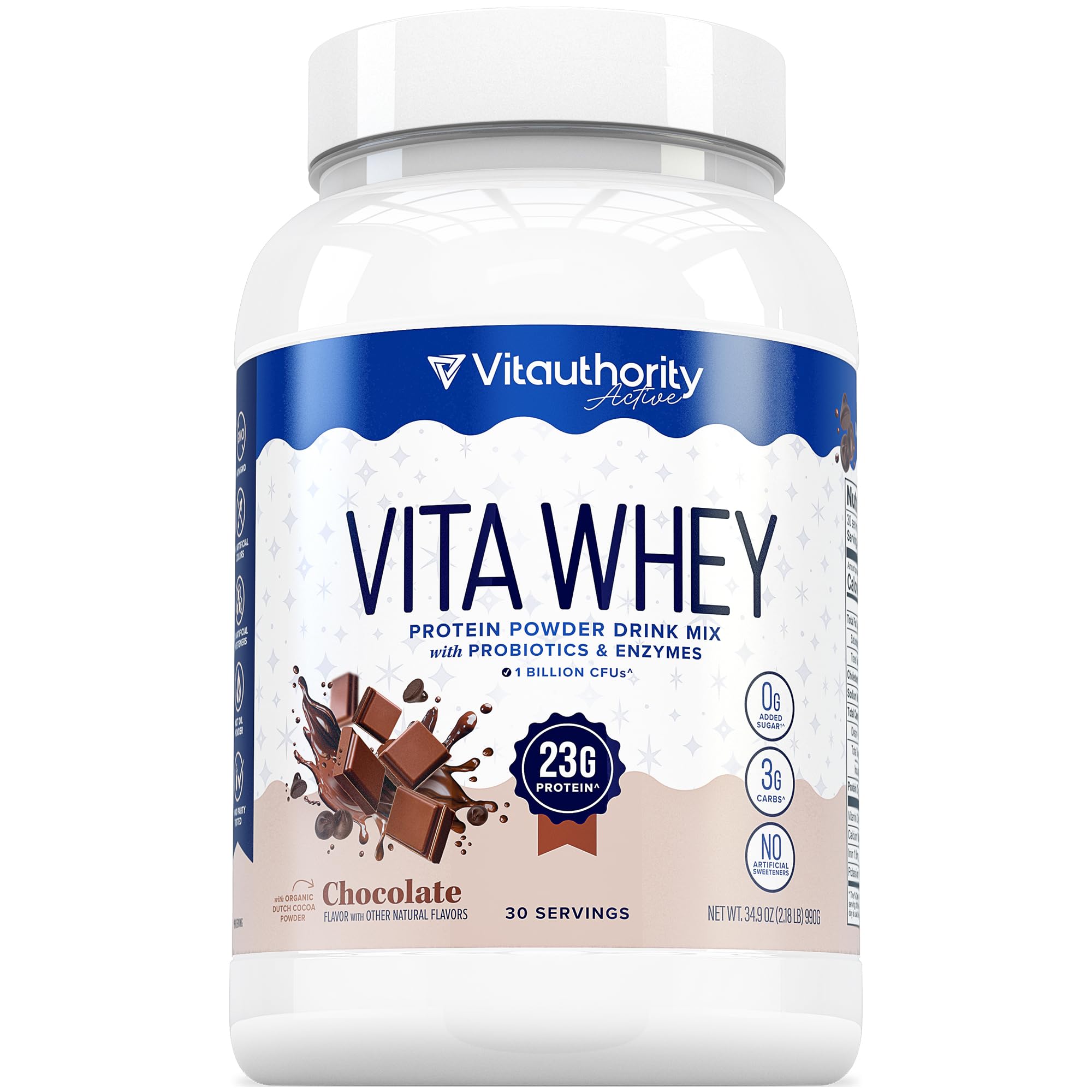 Vitauthority Whey Protein Women Chocolate tub showing premium whey for lean muscle support.