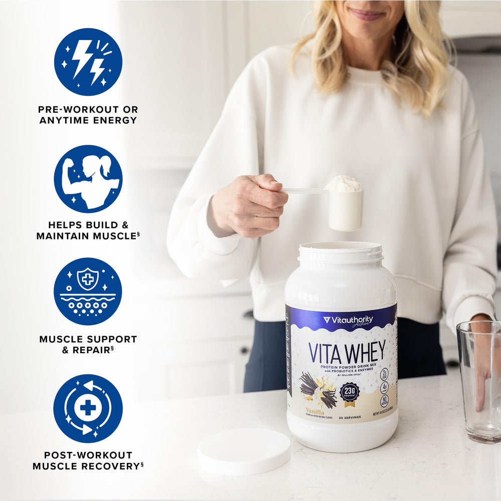 Vitauthority Whey Protein Women scoop highlights convenient protein for post-workout recovery.