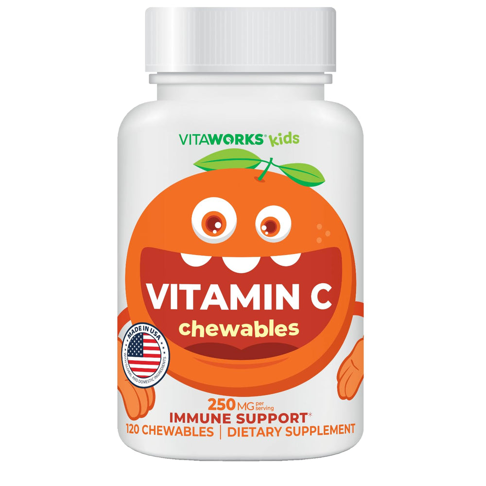 Front view of VitaWorks Kids Vitamin C Chewables bottle in orange flavor