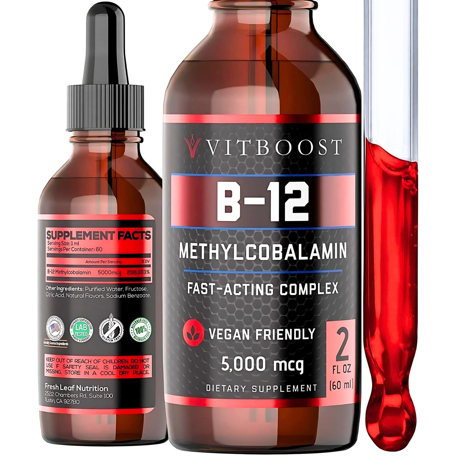 VITBOOST Vegan Liquid B-12 Drops Raspberry bottle close-up