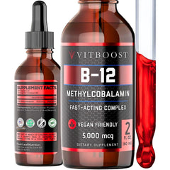 VITBOOST Vegan Liquid B-12 Drops Raspberry bottle close-up