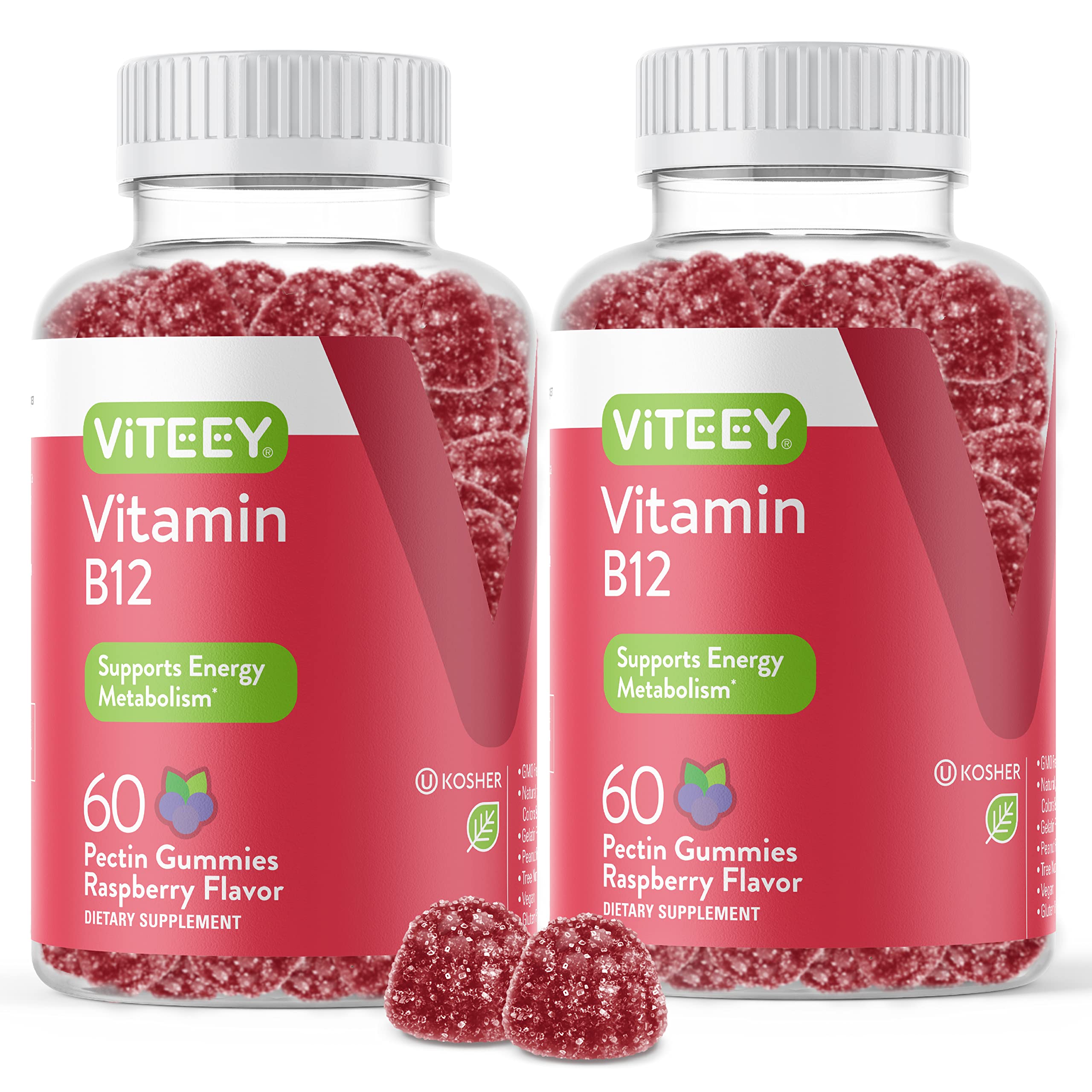 Front pack shot of VITEEY Vitamin B12 Gummies Raspberry flavor, 60-count