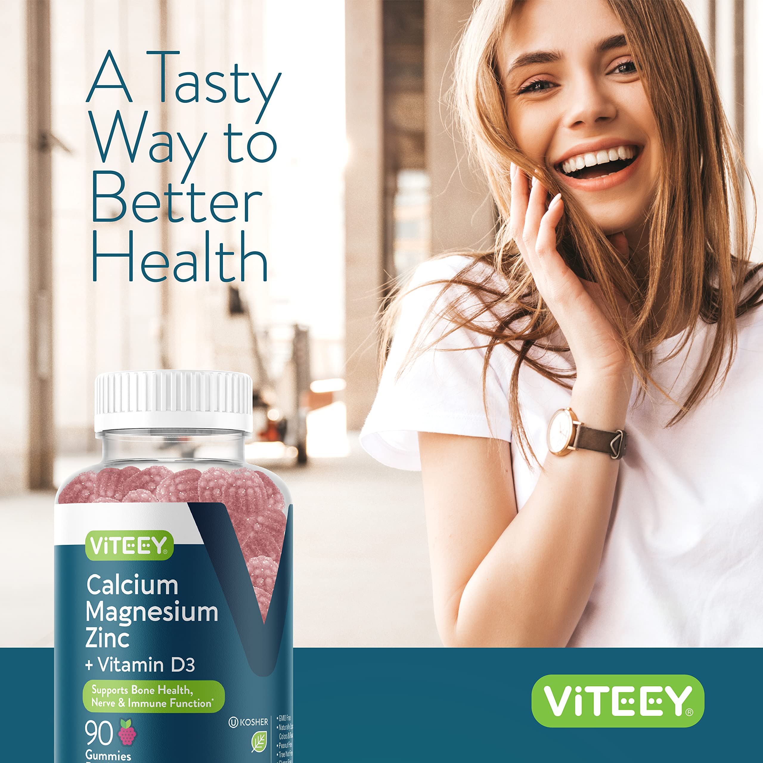 A person holding a bottle of Viteey Raspberry Calcium Magnesium Zinc Gummies