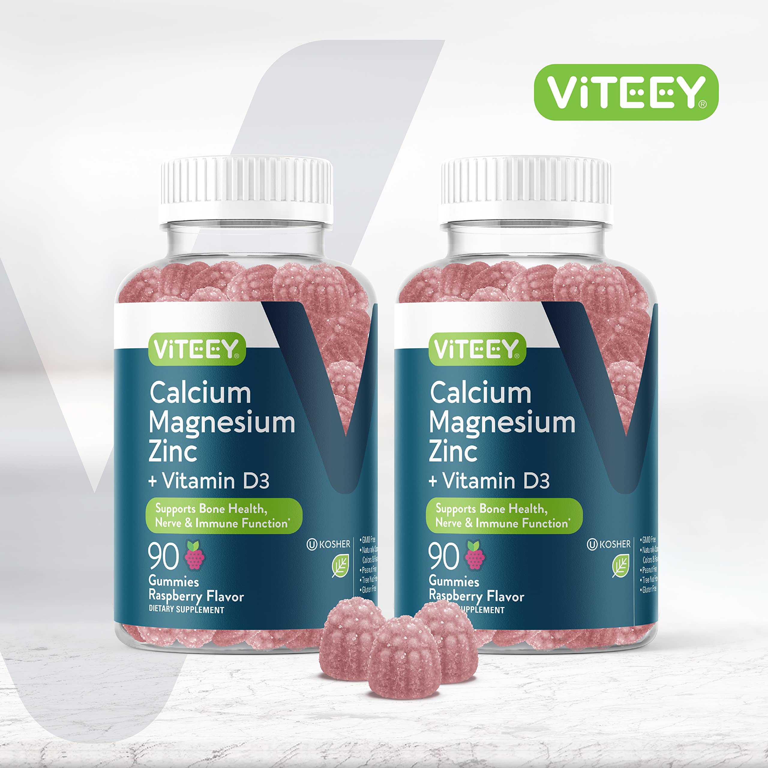 Back label of Viteey Raspberry Gummies bottle showing ingredients and nutrition
