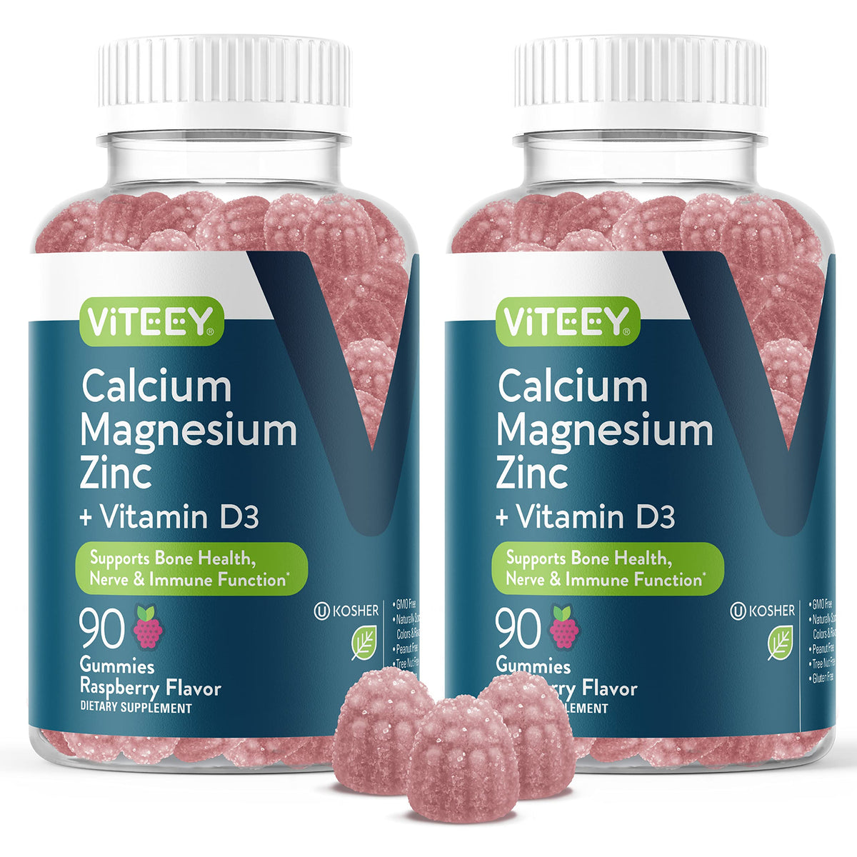Front view of Viteey Raspberry Calcium Magnesium Zinc Gummies with Vitamin D3 bottle