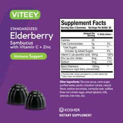 Ingredients panel showing elderberry, vitamin C, and zinc
