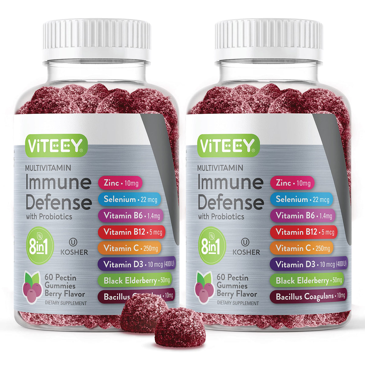 Viteey 8 in 1 Immune Support Gummies berry flavored bottle on a white background