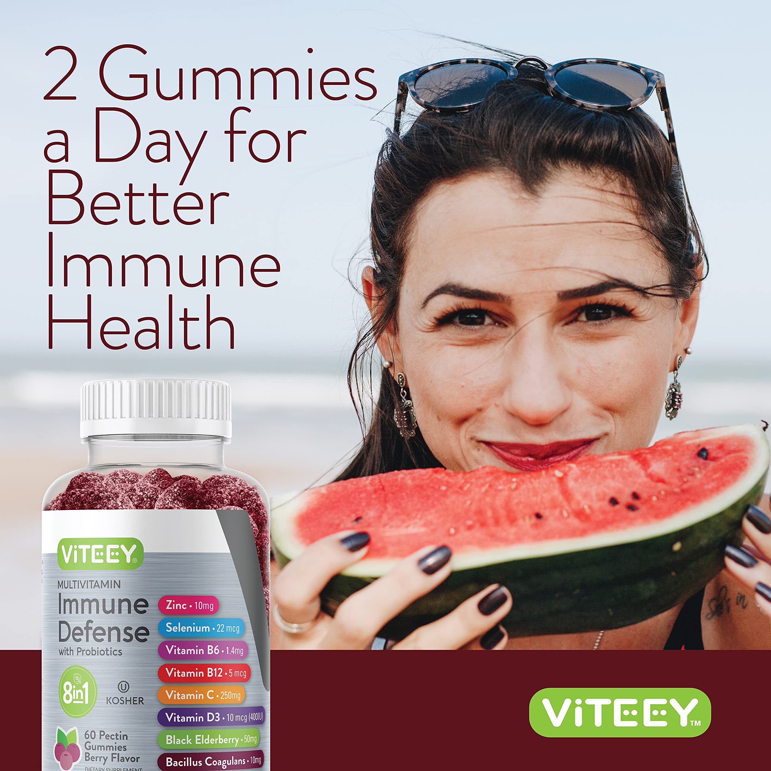 Viteey immunity gummies packaging showing vegetarian and kosher icons