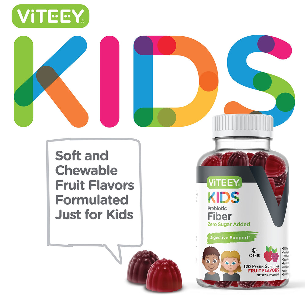 Viteey Kids Prebiotic Fiber Gummies bottle back label with nutrition and certifications