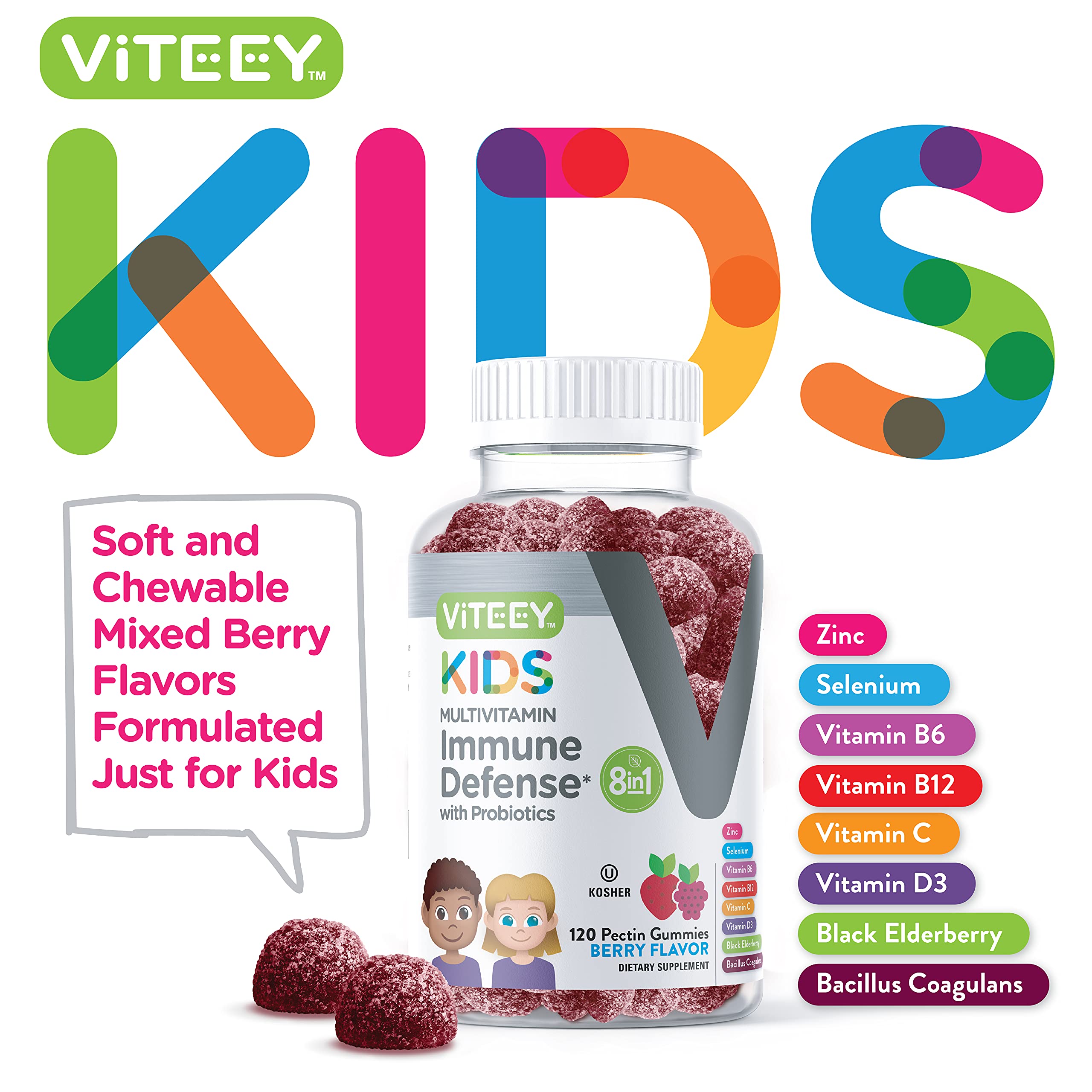 Bottle of Viteey Kids Multivitamin Gummies with Probiotics