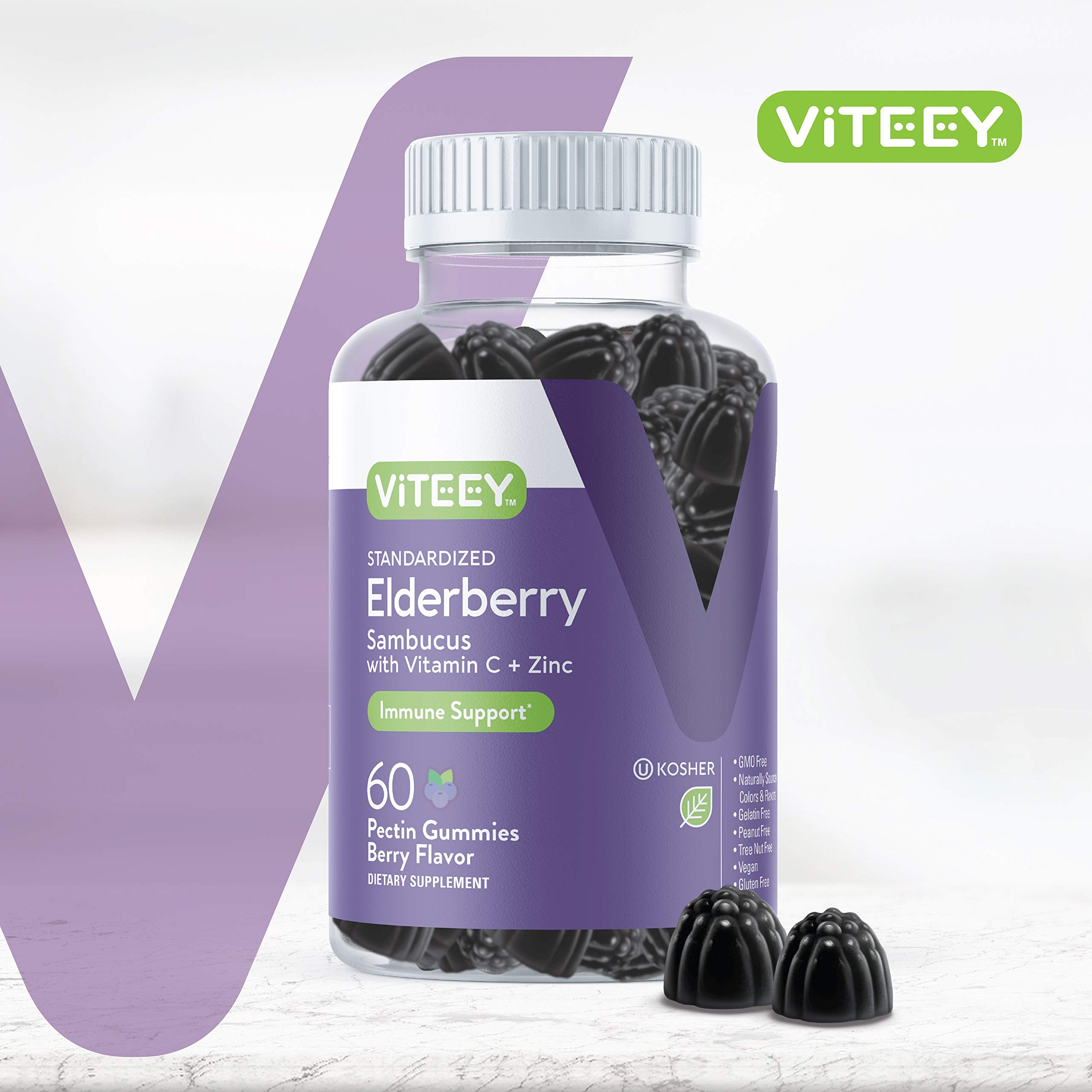 Berry-flavored elderberry gummies close-up