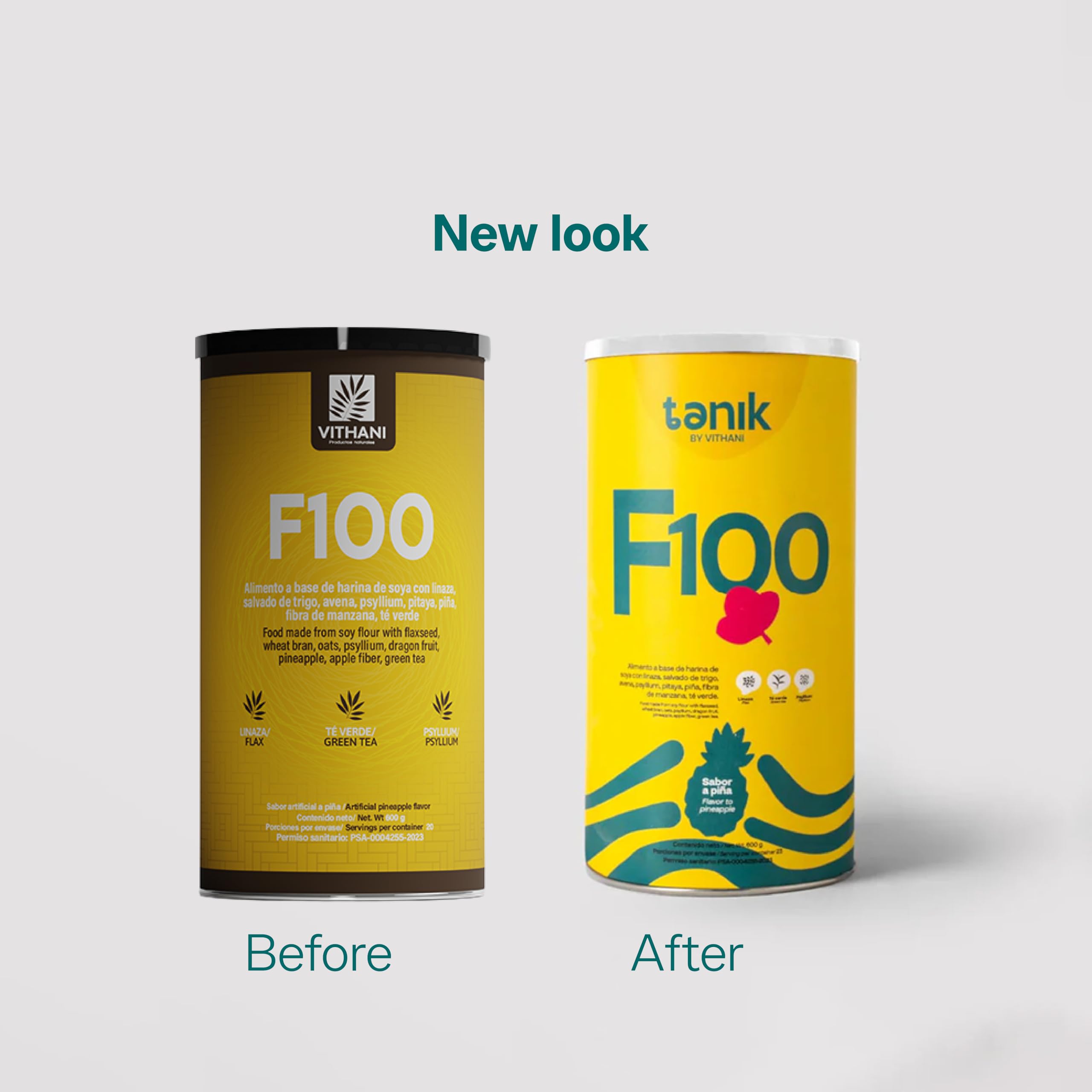 Close-up of Vithani F100 label showing high-fiber blend