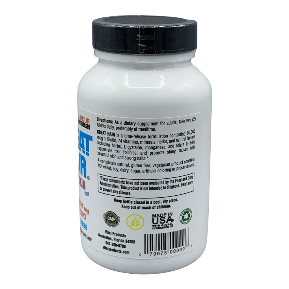 Vitol Great Hair bottle front view with 120 tablets