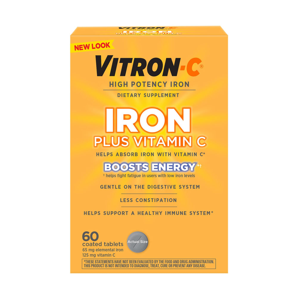Vitron-C bottle label highlighting iron and vitamin C for energy support