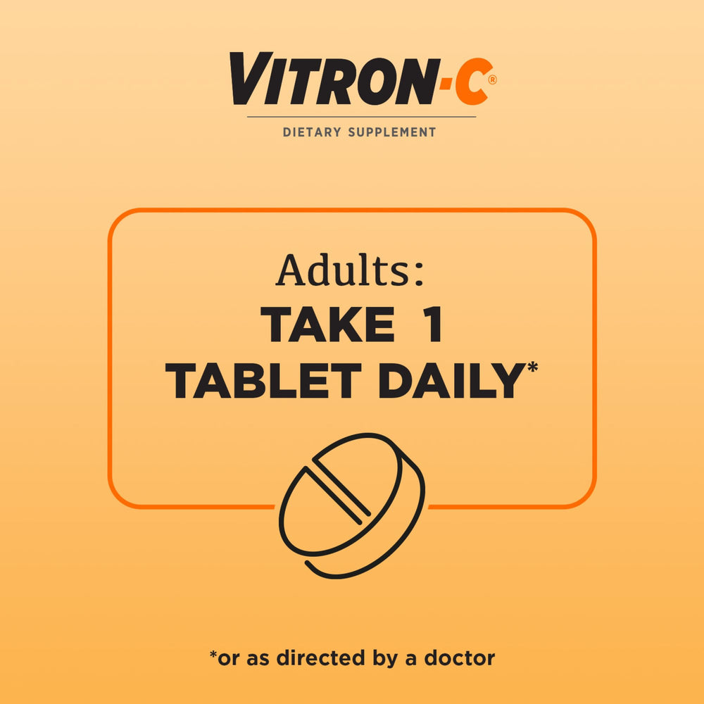 Vitron-C bottle side view noting dye-free vegan formula