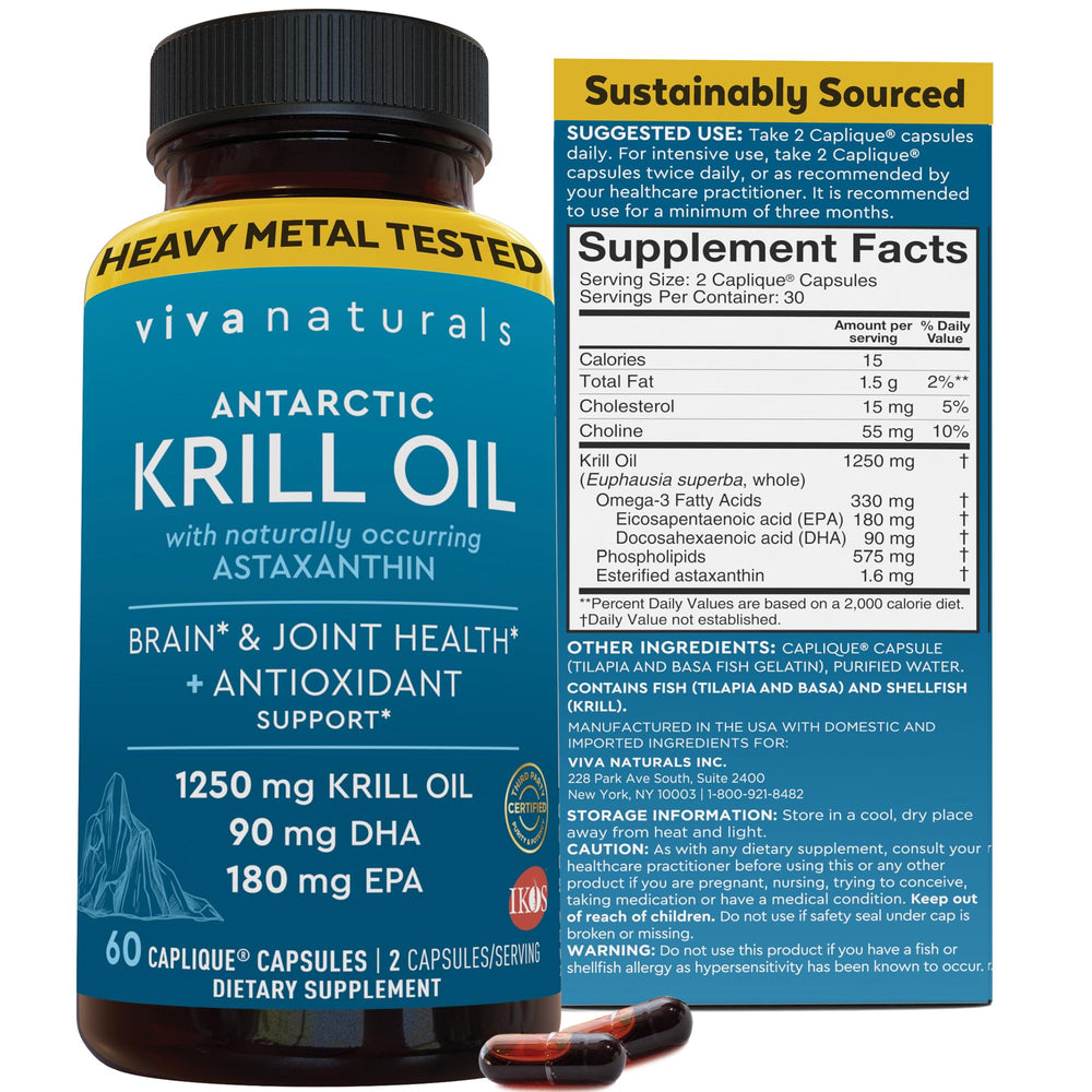 Front view of Viva Naturals Antarctic Krill Oil bottle with 60 capsules