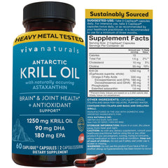 Front view of Viva Naturals Antarctic Krill Oil bottle with 60 capsules